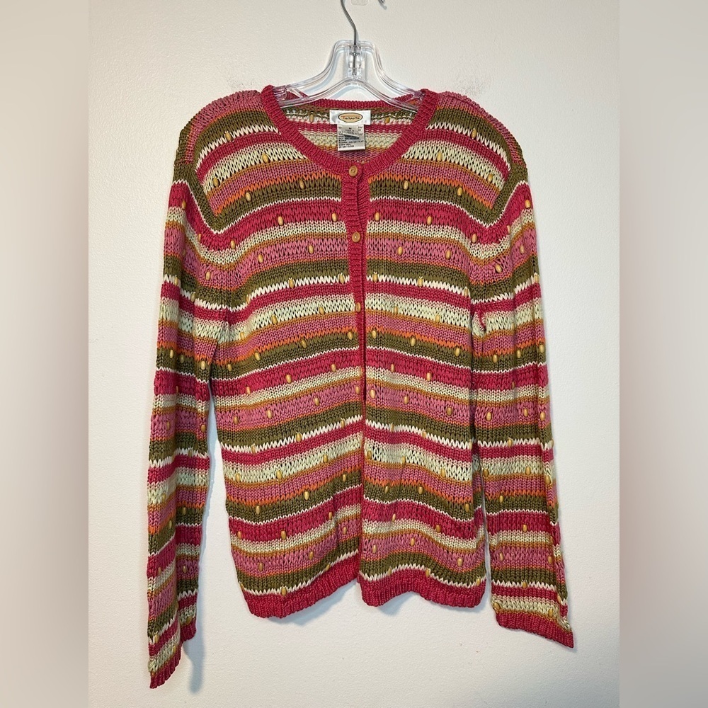 Talbots Striped Cardigan Sweater Knit Wood Beads Cottagecore Boho Y2K Sz Medium